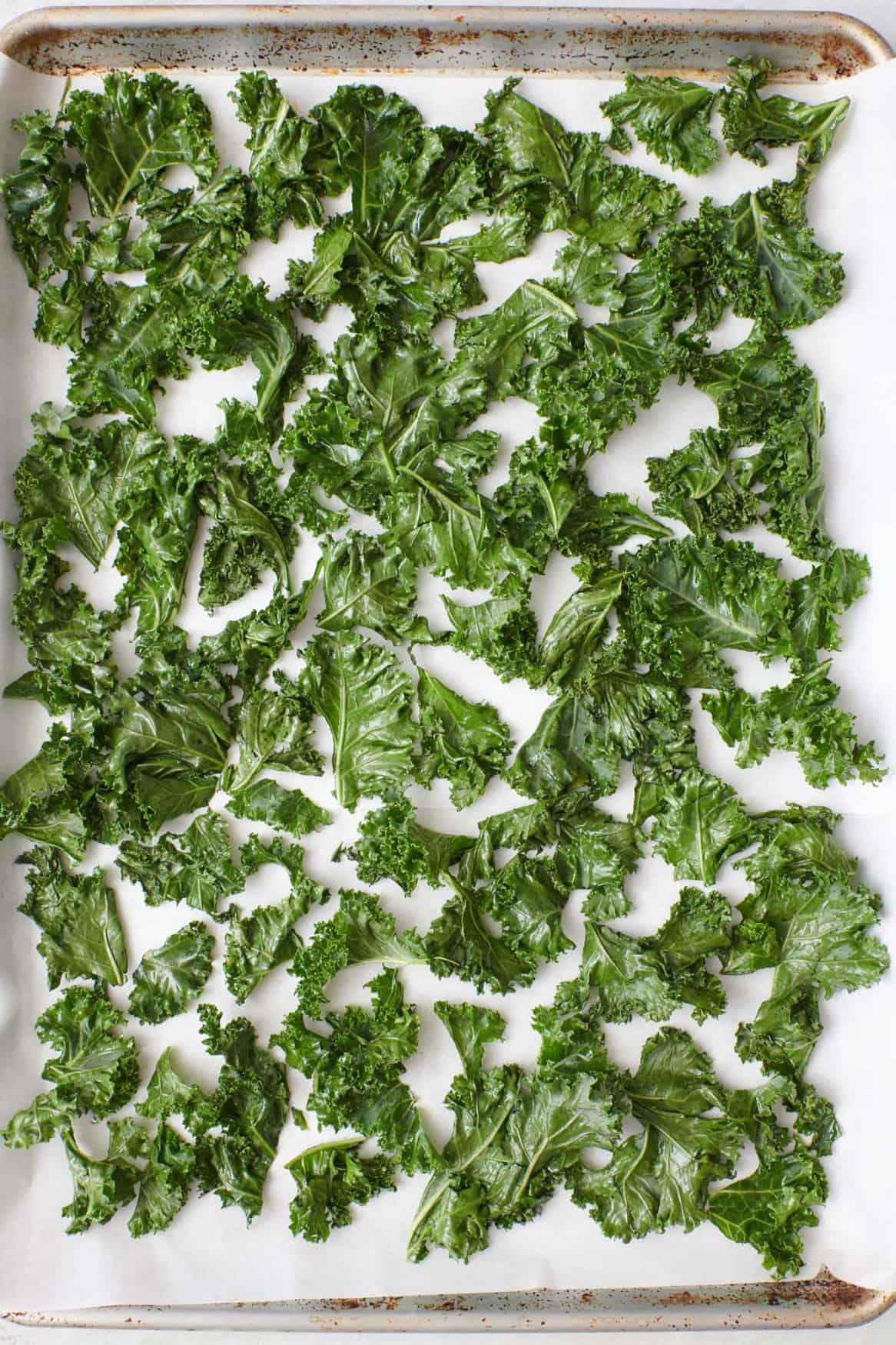 Kale on a baking sheet with olive oil.