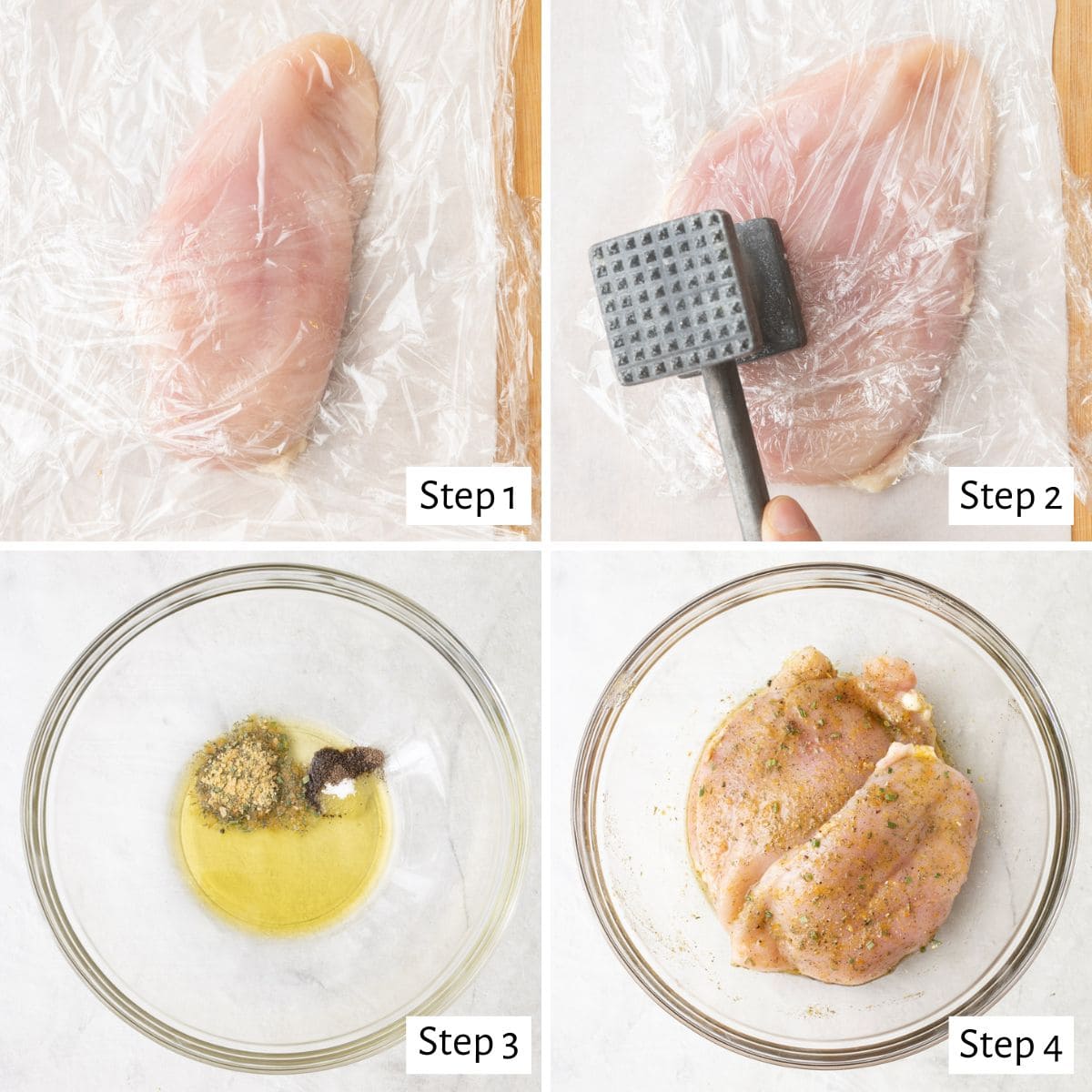 4-image collage of prepping the chicken: 1 - Chicken breast on a sheet of parchment paper covered with plastic wrap; 2 - Mallet pounding the chicken breast; 3 - Oil, ranch, salt, and pepper in a bowl before mixing; 4 - After adding the chicken breast and mixing to fully coat in seasoning.