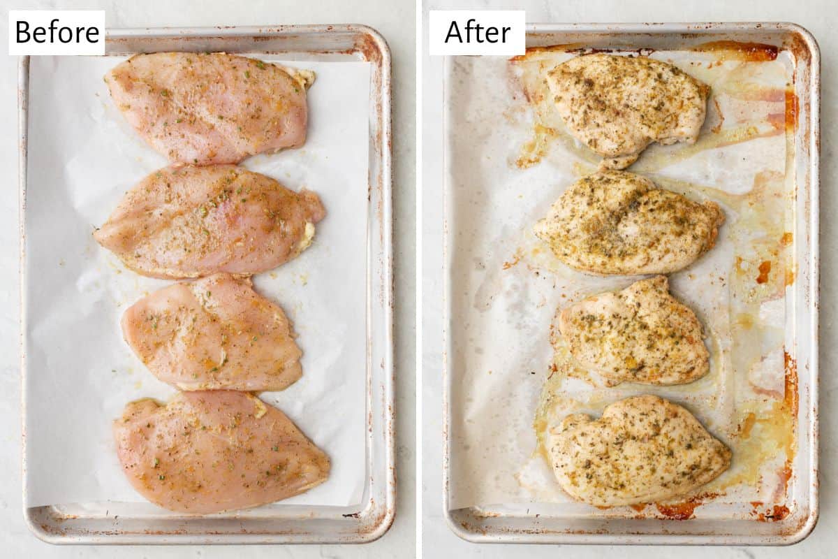 2-image collage of cooking the chicken: 1 - Seasoned Chicken on baking sheet before baking; 2 - After baking/broiling to show golden brown top.