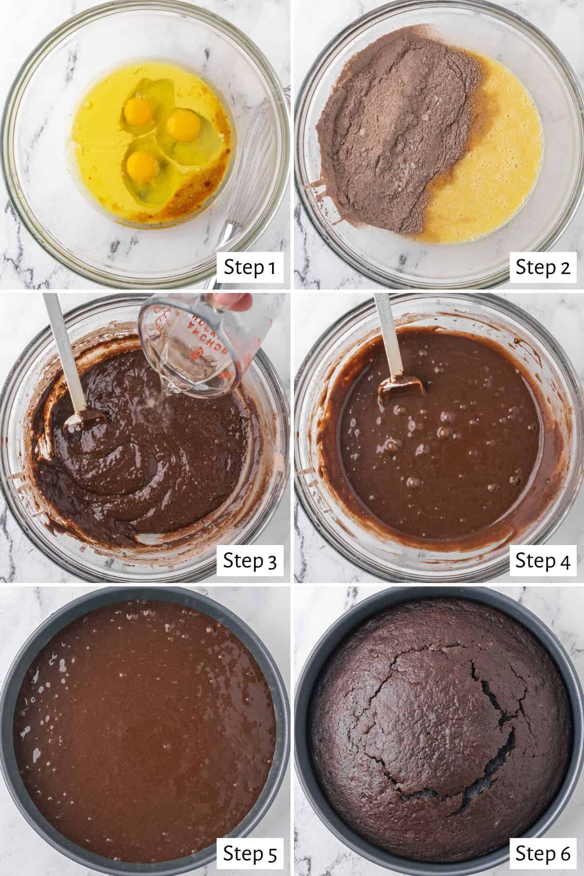 6-image collage making the recipe: 1- Oil, milk, eggs, and vanilla in a bowl before mixing; 2 - After mixing, dry ingredients added before folding; 3 - After folding, pouring hot water into mixture; 4 - Batter fully combined; 5 - Batter in prepared pan before baking; 6 - After baking.