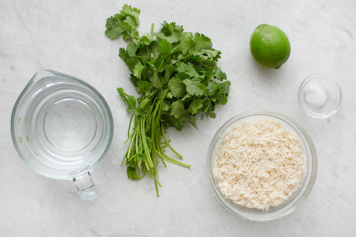 Ingredients for recipe: water, fresh cilantro, lime, uncooked white rice, and salt.