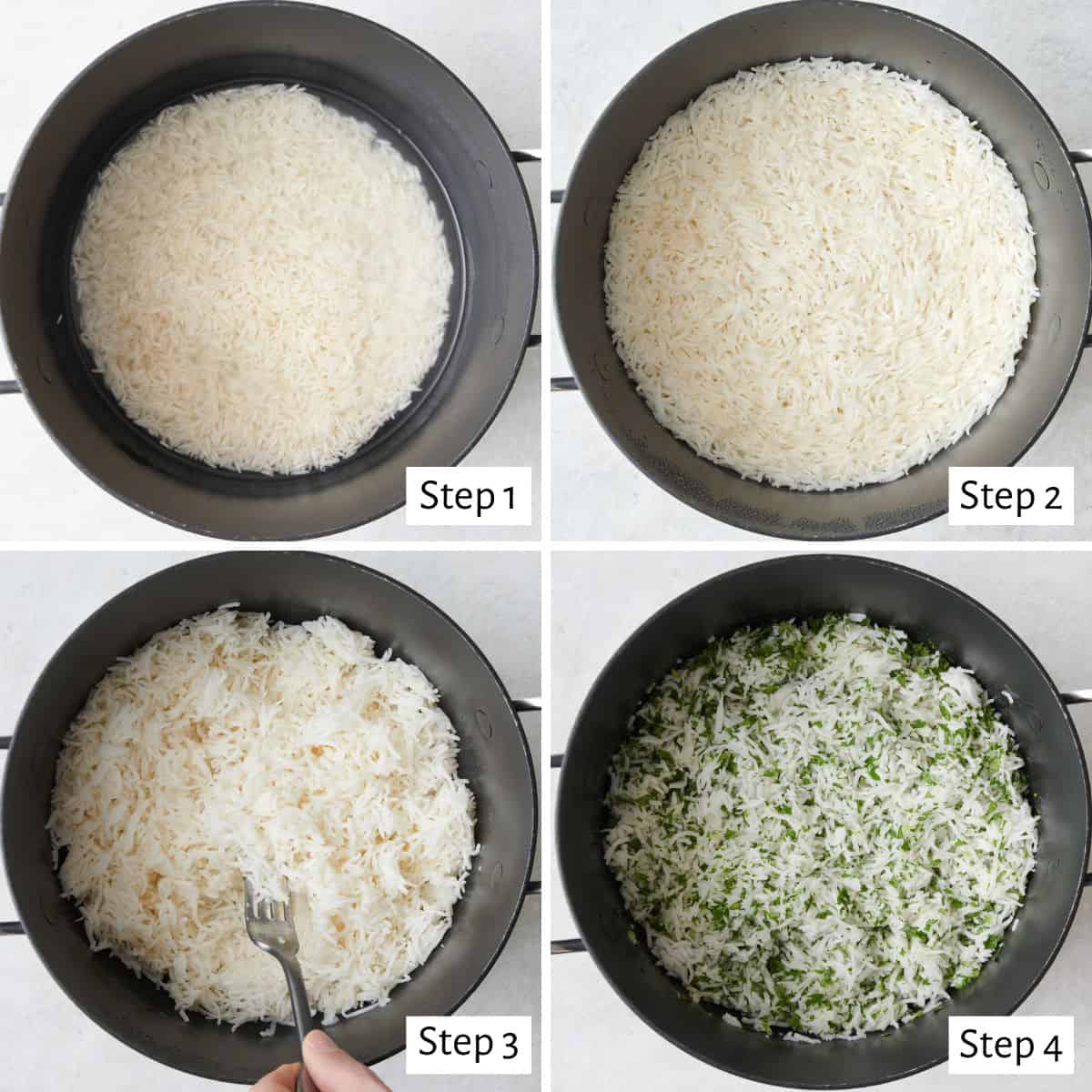 4 image collage making recipe in a pot: 1- rice and water added to a pot, 2- rice after cooking, 3- fluffing rice with a fork, 4- after chopped cilantro is mixed in.