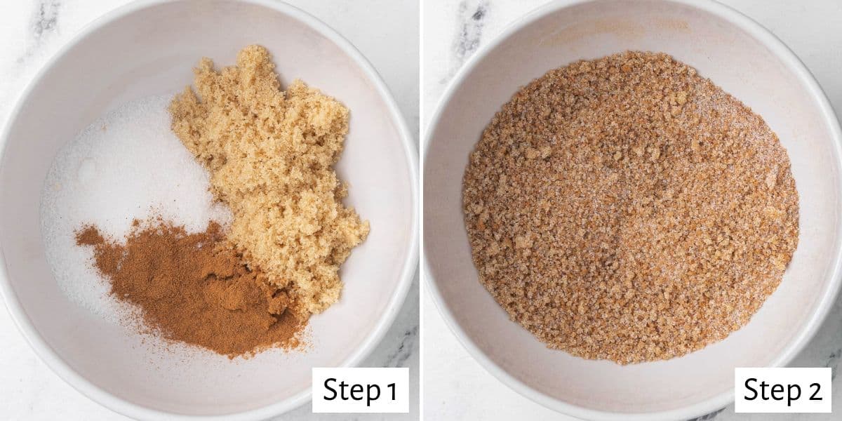 2-image collage of cinnamon sugar mixture: 1 - Sugar and cinnamon in a bowl before mixing; 2 - After mixing.