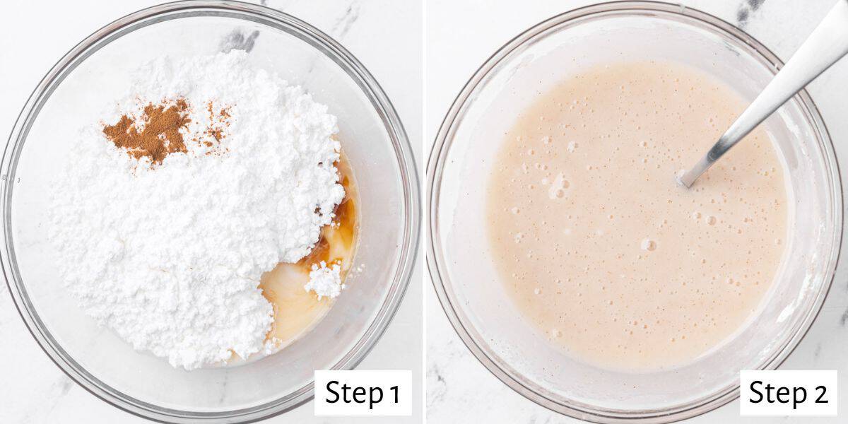 2-image collage of making the glaze: 1 - Powdered sugar, cinnamon, milk and vanilla in a bowl before combining; 2 - After combining.