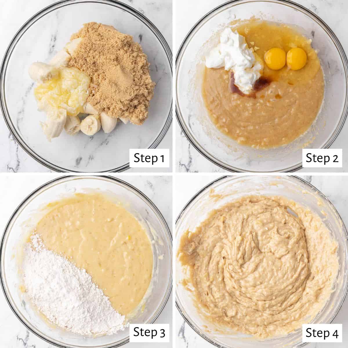 4-image collage of mixing the batter: 1 - Bananas, brown sugar, and melted butter in a bowl before mashing; 2 - After mashing with yogurt, eggs, and vanilla added before combining; 3 - After combined with dry ingredient added before folding together; 4 - The final batter.