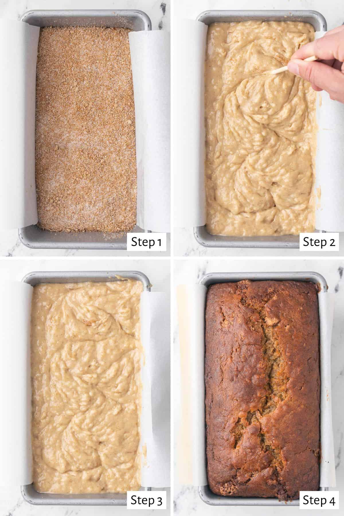 4-image collage of swirling the banana bread: 1 - Adding cinnamon sugar mixture to half the batter in a bread tin; 2 - Swirling the cinnamon sugar into the batter; 3 - Banana bread before baking; 4 - After baking.