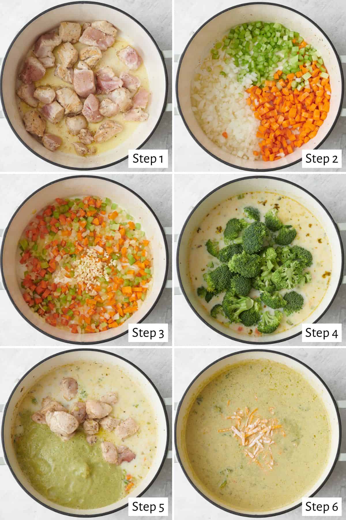 6 image collage making recipe: 1- diced chicken pieces in a pot with oil, partially cooked, 2- chicken removed with chopped onions, celery, and carrots added, 3- after cooking veggies with garlic and seasonings added, 4- after adding liquid with fresh broccoli florets added, 5- soup after blending broccoli into a smooth creamy sauce and chicken pieces added, 6- final soup with shredded cheese added.