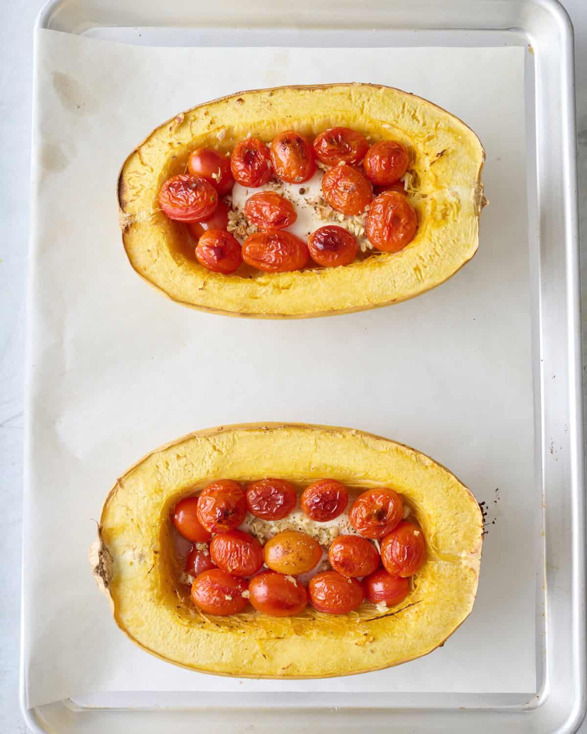 Feta spaghetti squash after baking in the oven.