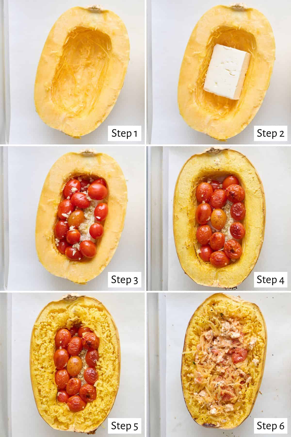 6-image collage of baking spaghetti squash: 1 - Prepared spaghetti squash halves cut side up on a sheet pan; 2 - Feta added to each half; 3 - Cherry tomatoes, garlic, spices, and oil added before baking; 4 - Squash after baking; 5 - Squash after pulling strings from side; 6 - After mixing squash, feta, and tomatoes together.