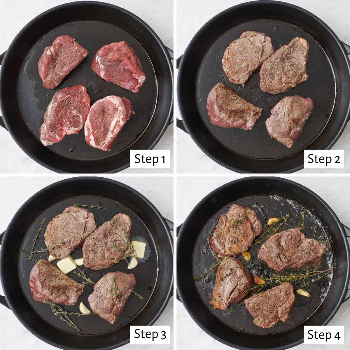 4 image collage making recipe in a cast iron skillet: 1- four filet mignon cuts in oiled pan, 2- after flipping, 3- butter and herbs added, after cooking in the oven.