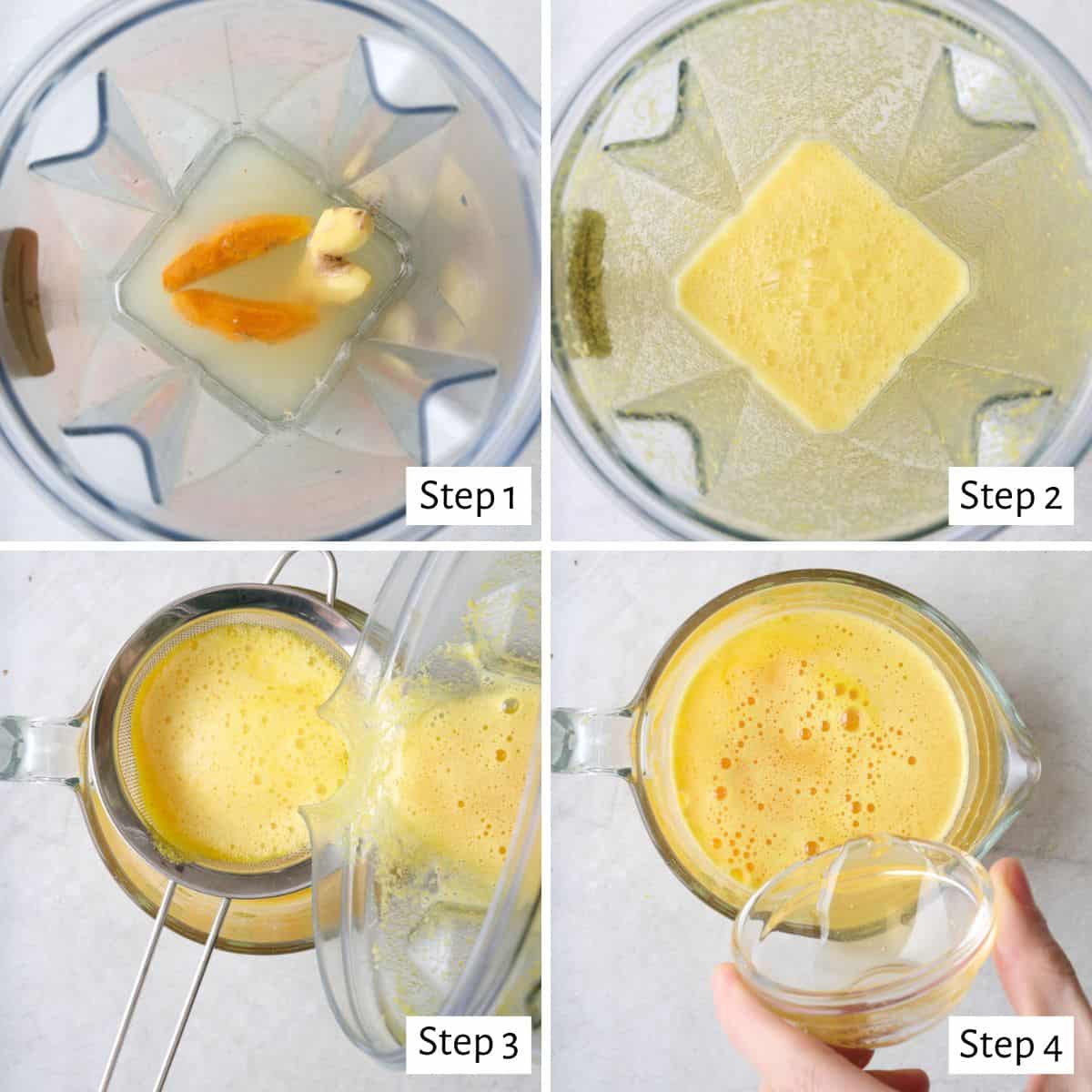 4-image collage of making wellness shots: 1 - Half-way peeled ginger, turmeric, and lemon juice in a blender before blending; 2 - After blending and smooth; 3 - Mixture in a fine mesh sieve over measuring cup (for easy pouring); 4 - Final product in measuring cup while drizzling in honey.