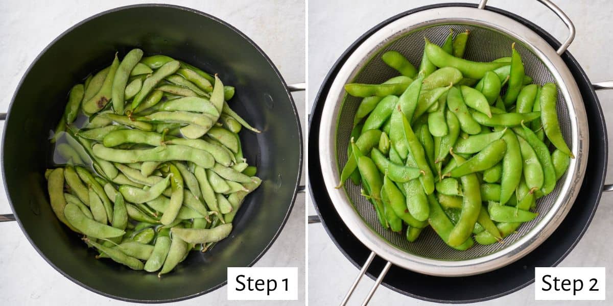 2 image collage of edamame in a pot of water before cooking and then a strainer after cooking.
