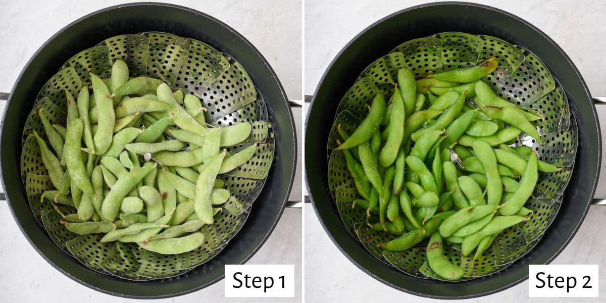 2 image collage of edamame in a steamer basket before and after steaming.