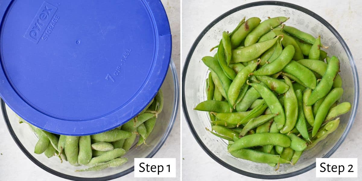2 image collage of edamame in a microwave safe bowl before cooking with a lid partially covering bowl, and then after cooking.