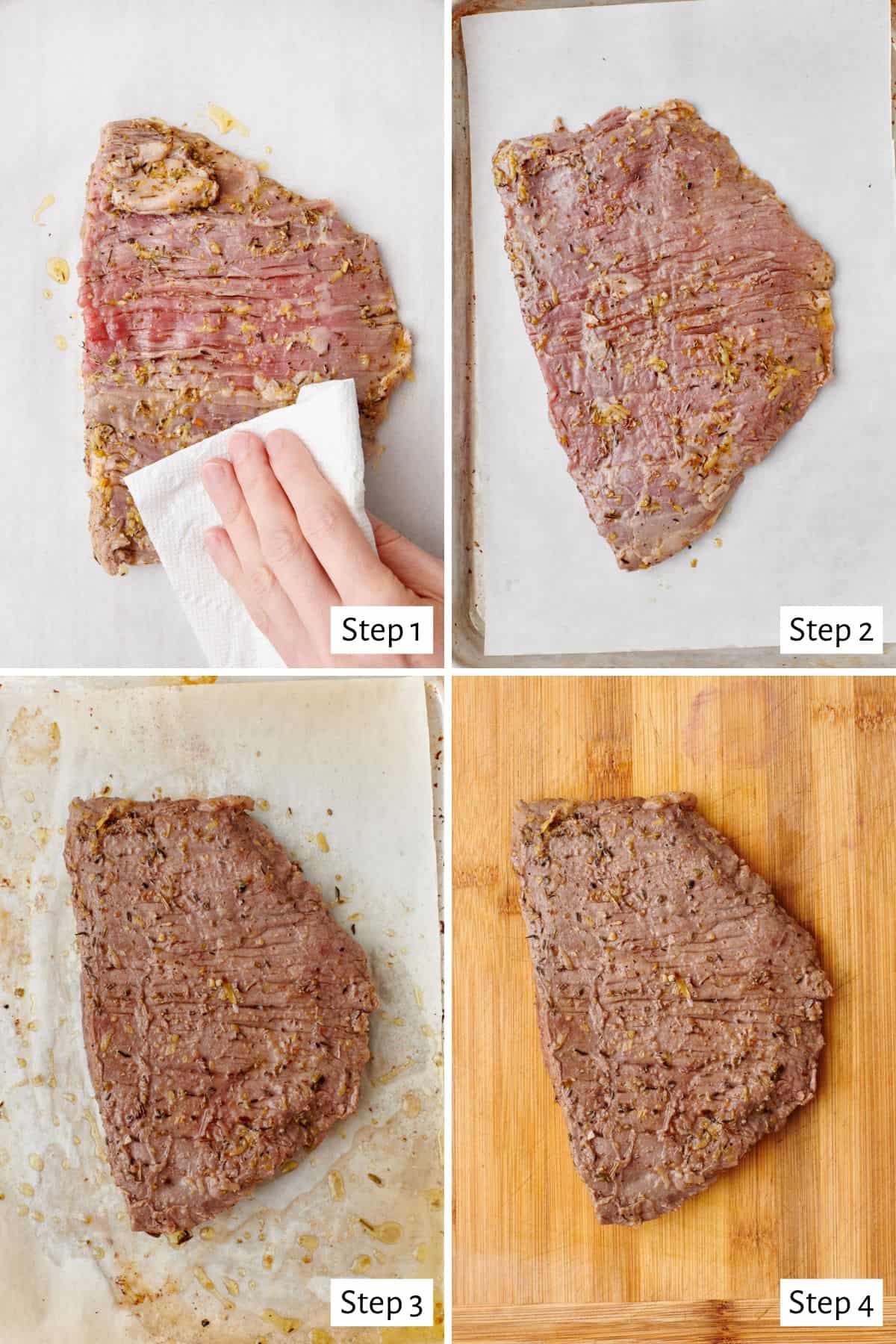 4 image collage making recipe: 1- marinated steak on a cutting board being patted lightly with paper towels, 2- steak on a parchment lined baking sheet, 3- steak after baking, 4- steak on cutting board to rest before slicing.
