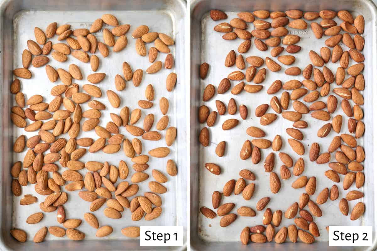 2 image collage of whole almonds before and after toasting.