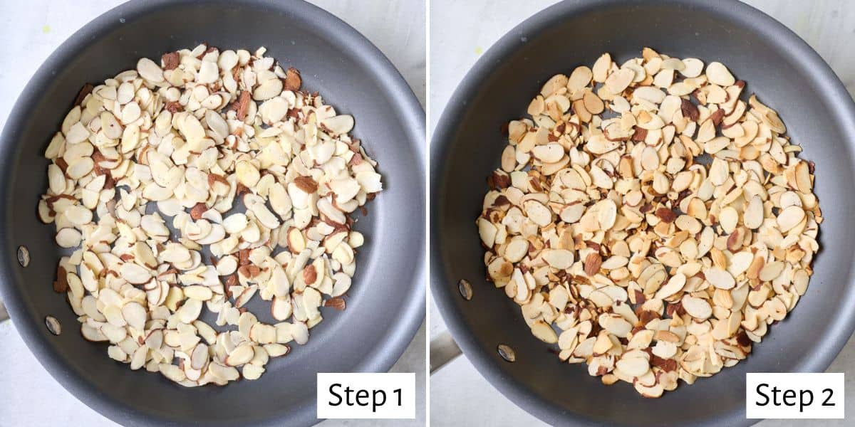 2 image collage of sliced almonds before and after toasting.