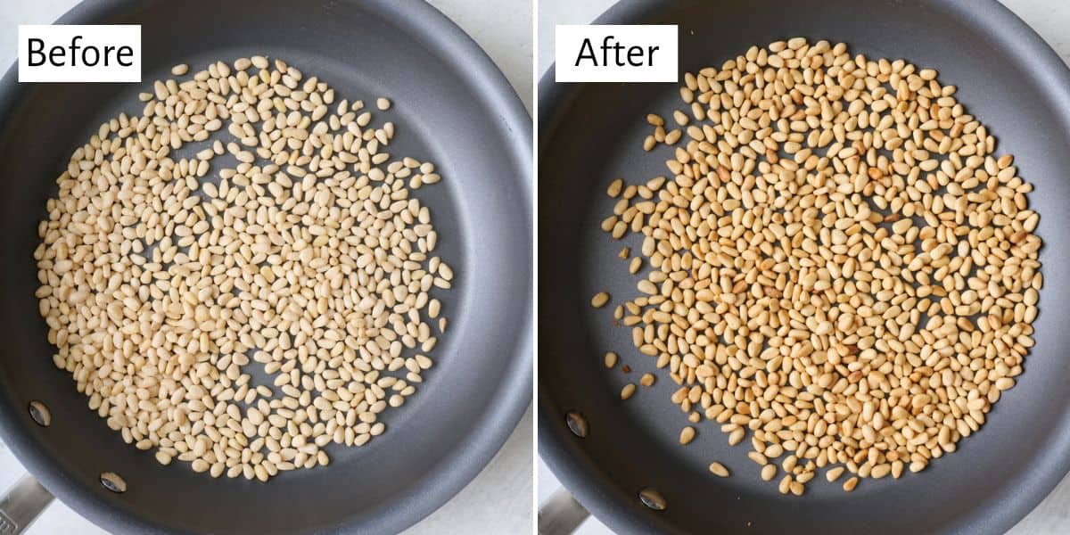 2 image collage showing pine nuts in a small skillet, before and after toasting.
