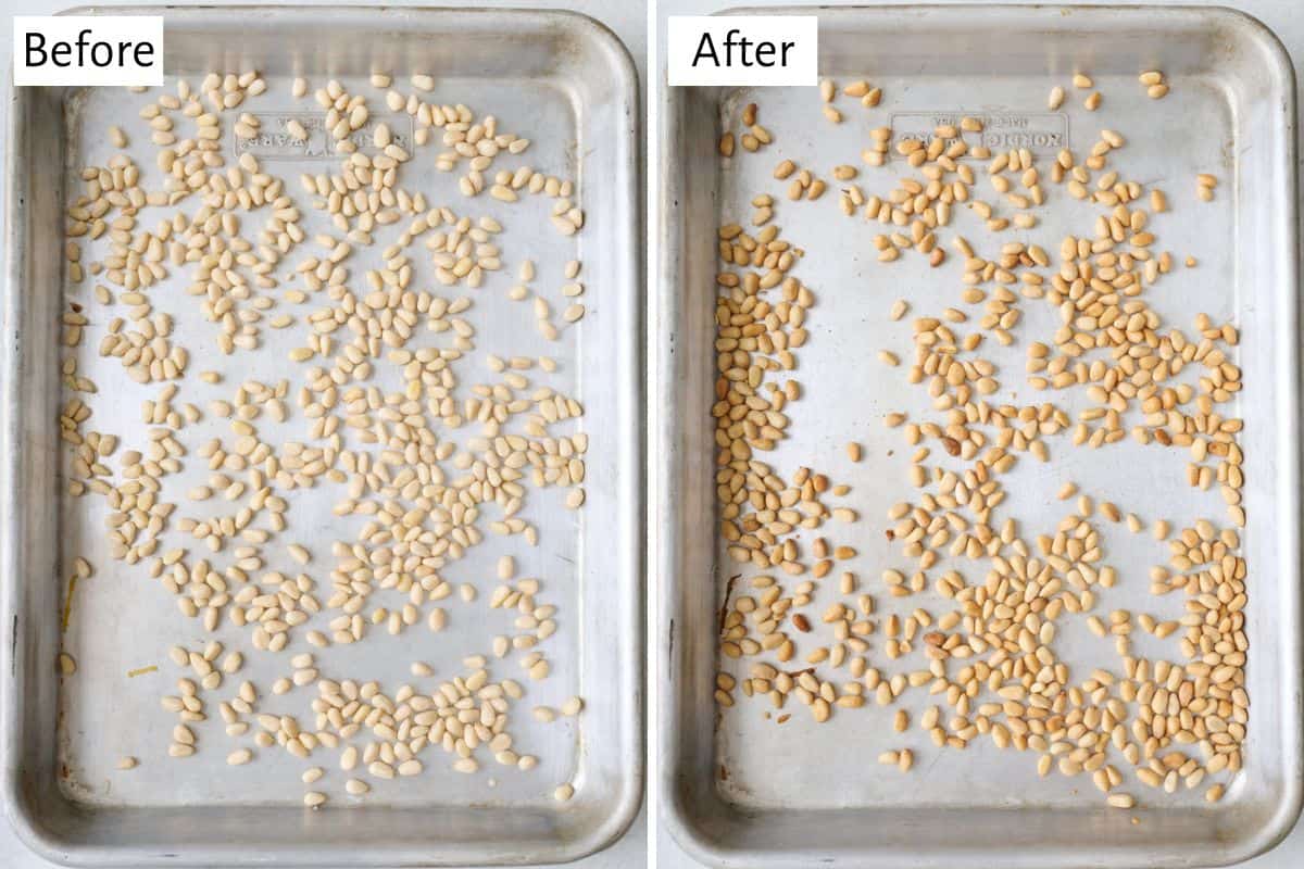 2 image collage showing pine nuts on a sheet pan, before and after toasting.
