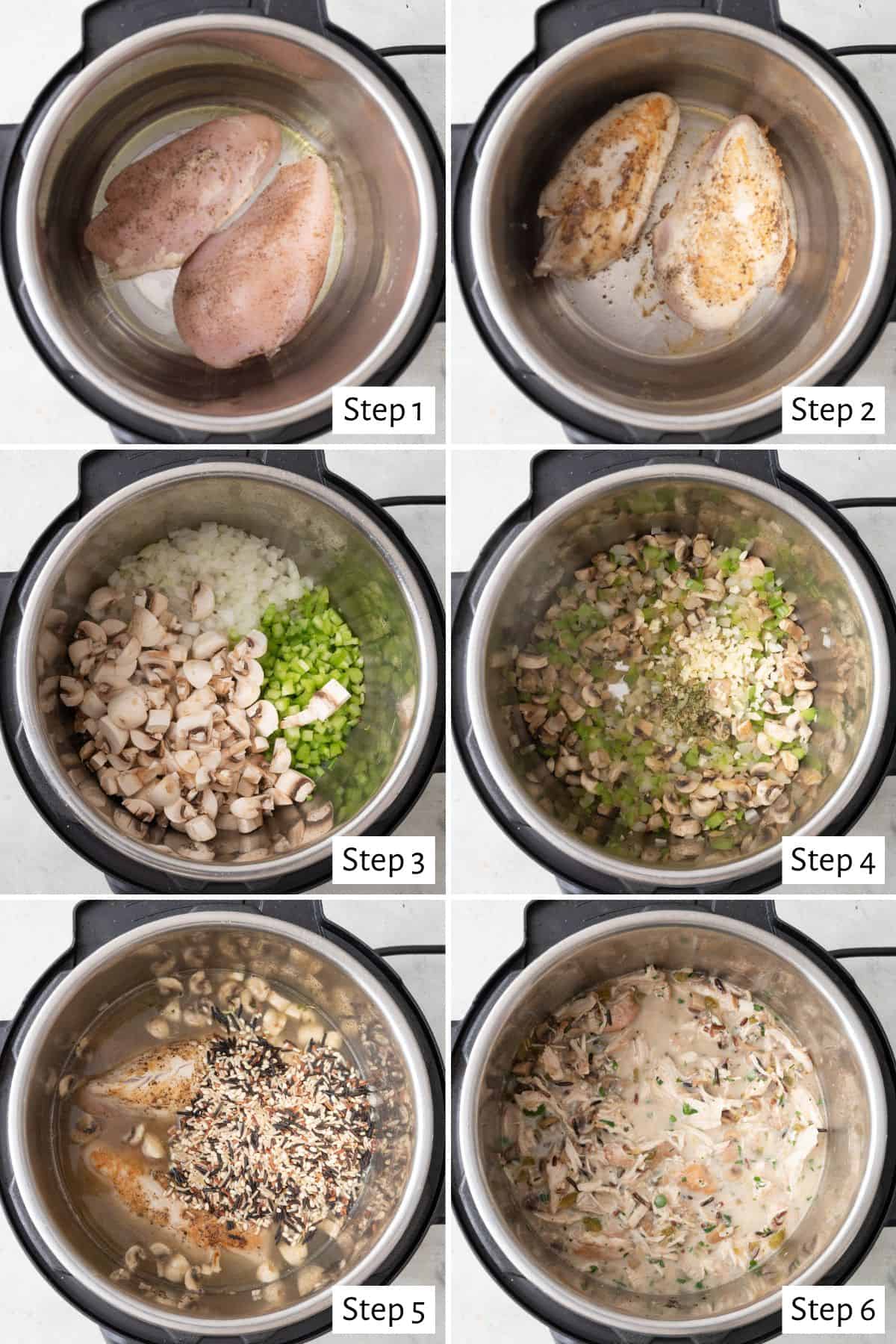 6 image collage making recipe in an instant pot: 1- seasoned chicken breasts added to pot, 2- chicken after flipping, 3- chicken removed with diced veggies added before cooking, 4- after cooking vegetables, 5- broth, cooked chicken, and rice added, 6- after rice is cooked with chicken shredded and yogurt added.