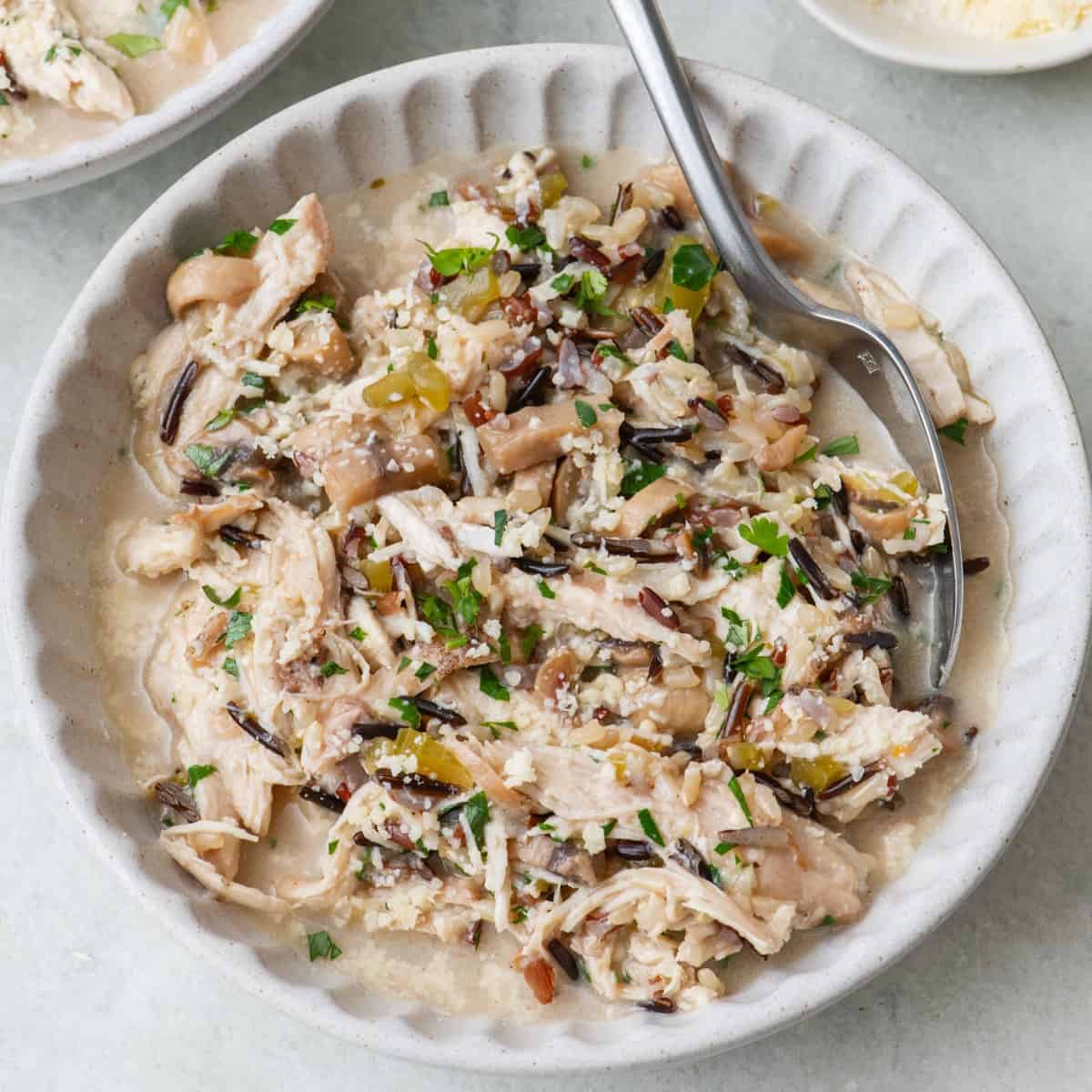 Instant pot chicken and rice in a bowl with spoon dipped in.