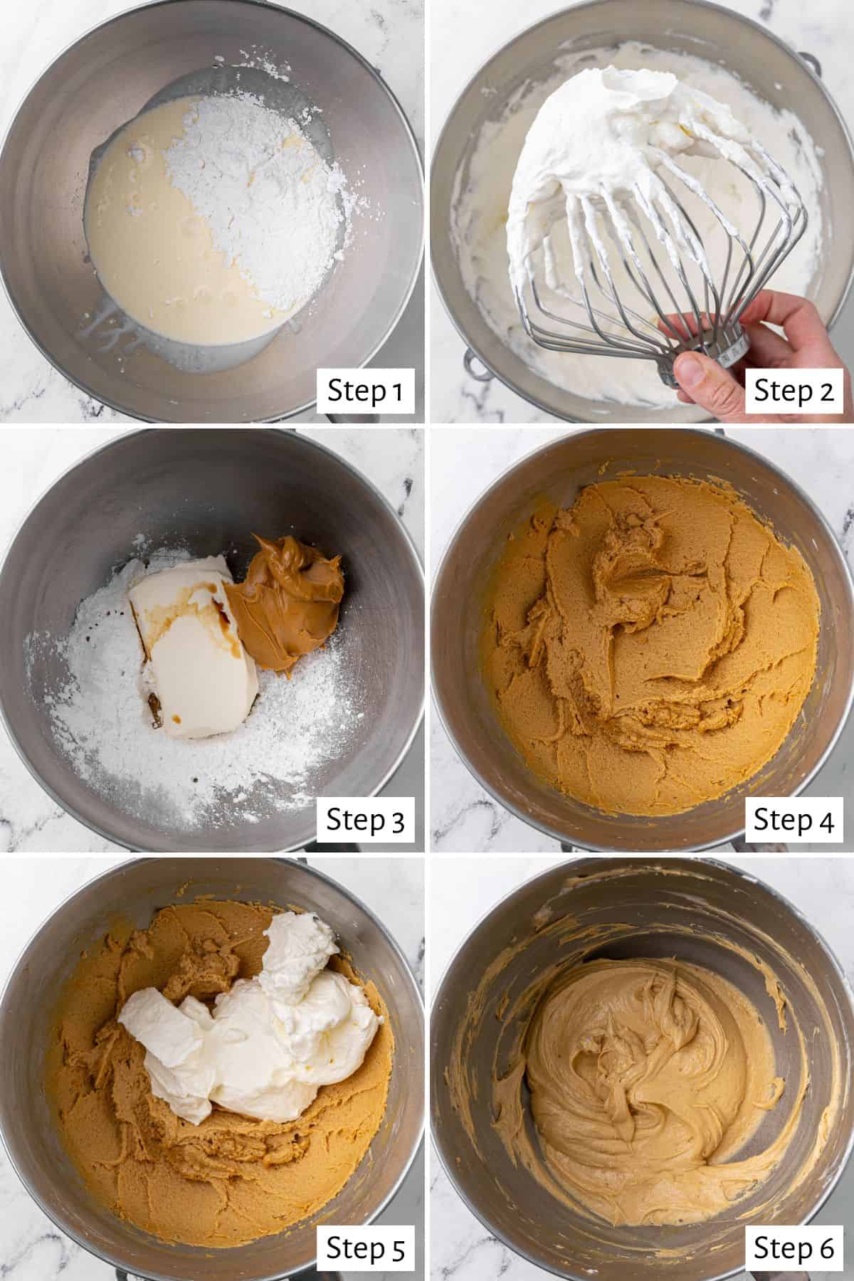 6-image collage making the recipe: 1 - Heavy cream and powdered sugar in the bowl of a stand mixer before mixing; 2 - After whipping whipped cream; 3 - Whipped cream removed and remaining powdered sugar, peanut butter, cream cheese, and vanilla added; 4 - After mixing until light and fluffy; 5 -Whipped cream added to peanut butter mixture before combining; 6 - After folding together in the stand mixer.