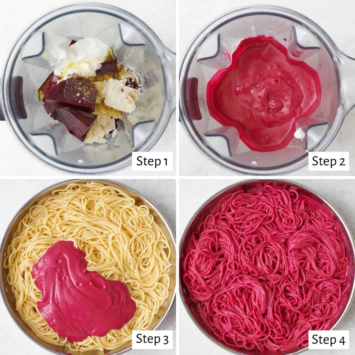 4 image collage making recipe: 1- sauce ingredients in a blender before blending, 2- after blending, 3- cooked pasta in a pan with sauce added, and 4- after pasta and sauce are combined.