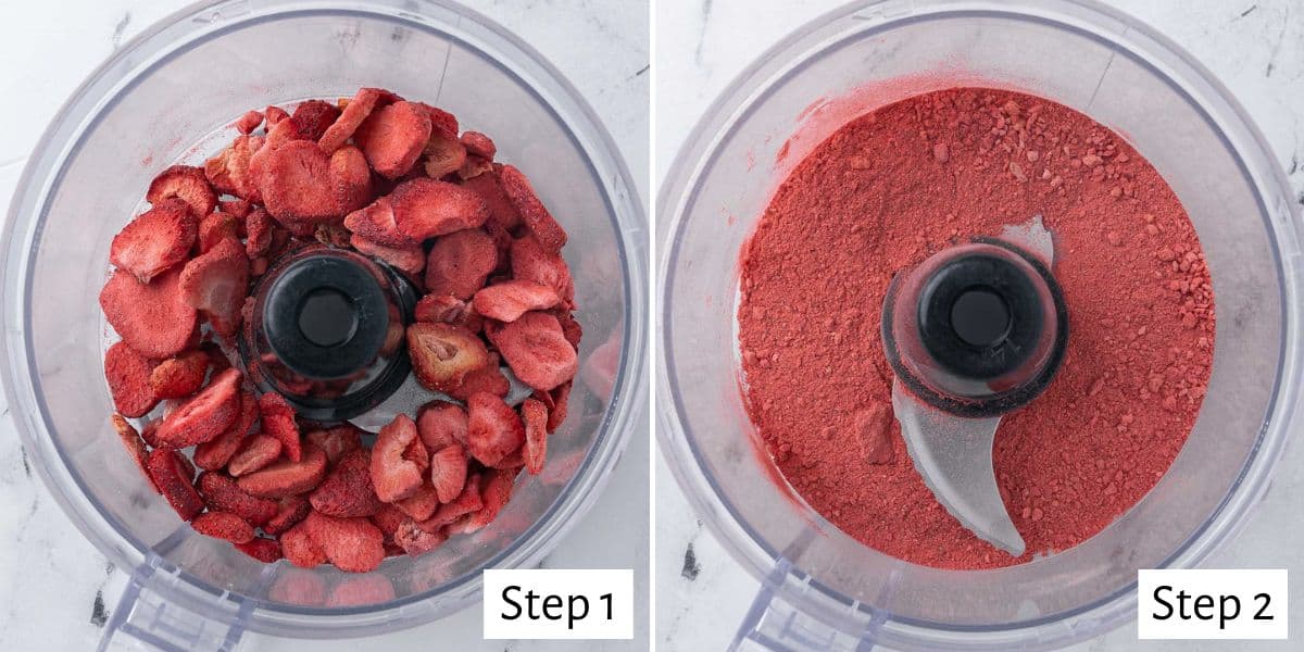 2-image collage: 1 - freeze-dried strawberries added to a food processor before processing; 2 - turned into strawberry powder.