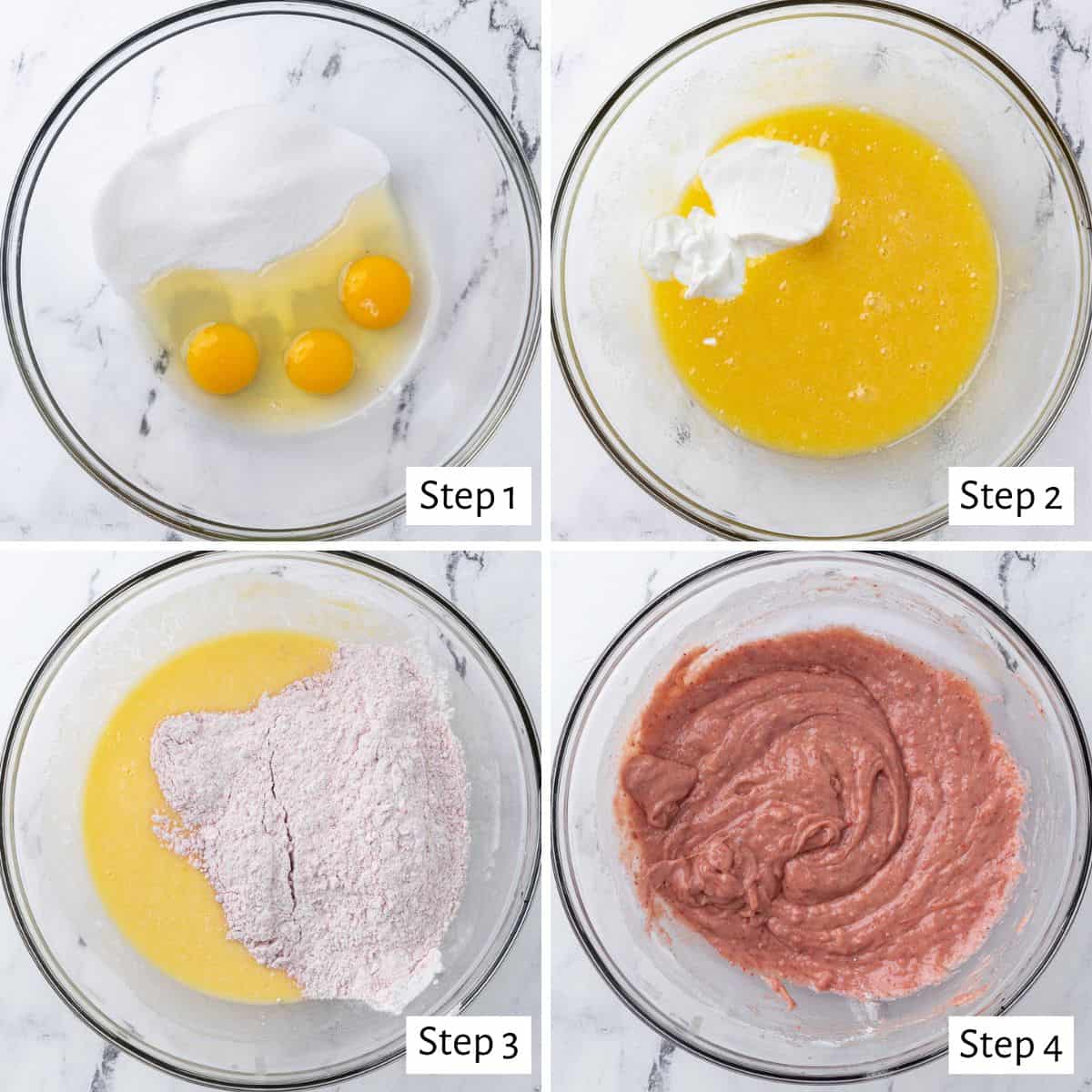 4-image collage of making cupcake batter: 1 - eggs and sugar in a bowl before whisking; 2 - Greek yogurt added before mixing; 3 - dry ingredients added before mixing; 4 - final mixed batter.