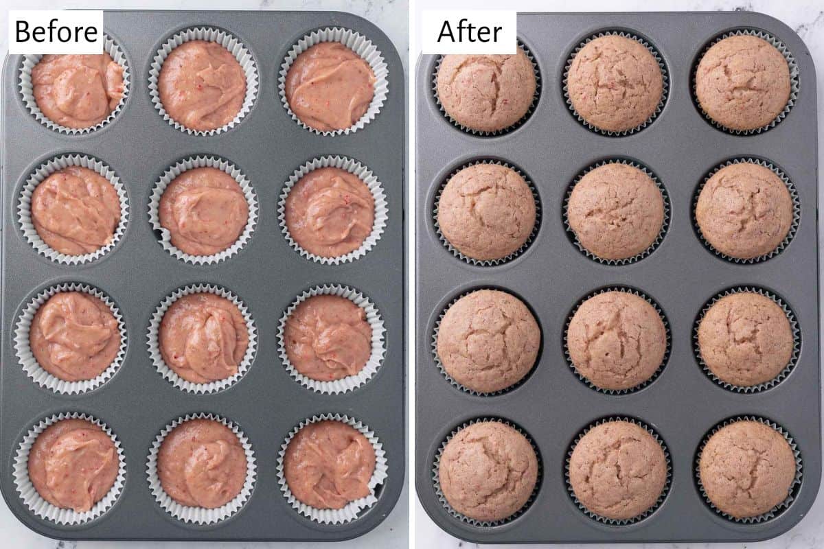 2-image collage: 1 - cupcake batter in a prepared muffin pan before baking; 2 - after baking.