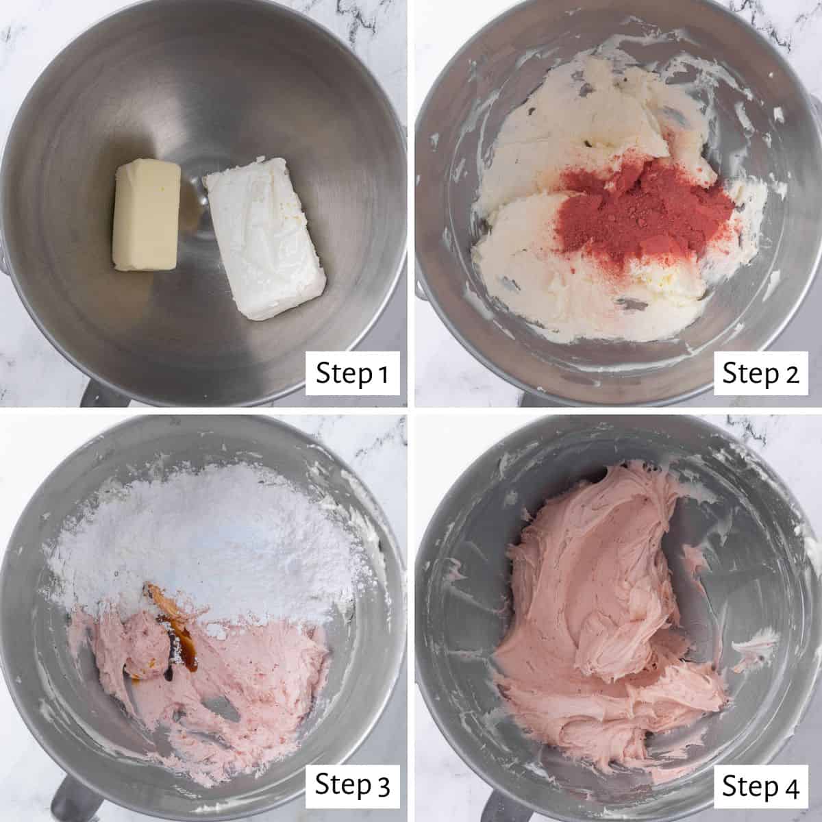 4-image collage of making frosting: 1 - cream cheese and butter in the mixing bowl; 2 - strawberry powder added; 3 - vanilla and powdered sugar added; 4 - after smooth, light, and fully mixed.