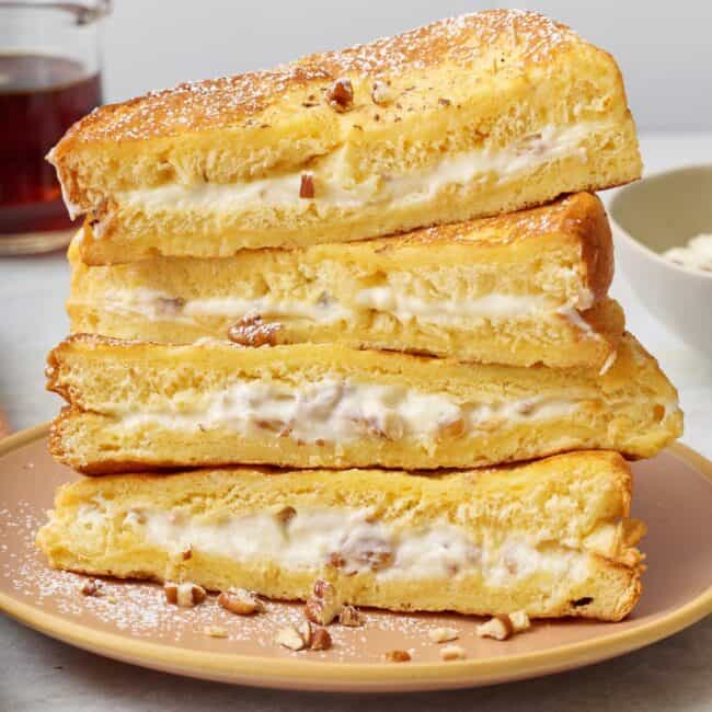 Stuffed french toast on a plate.