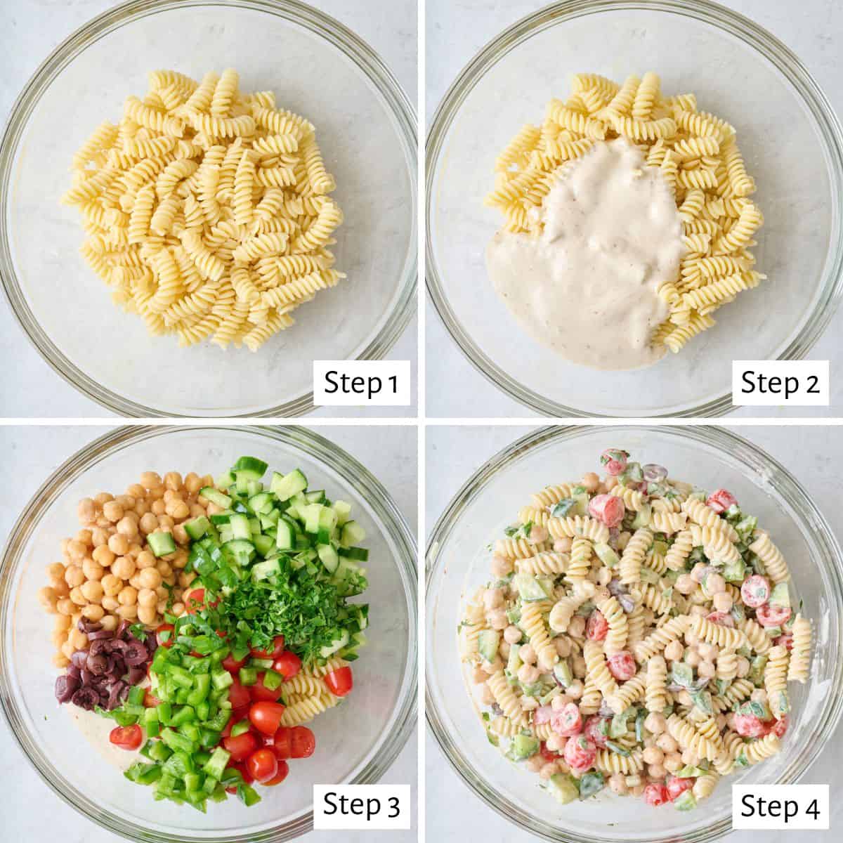 4-image collage of making the recipe: 1 - Cooked pasta in a bowl; 2 - Dressing added before mixing; 3 - Chickpeas, cucumbers, tomatoes, olives, and parsley added; 4 - After tossing together.