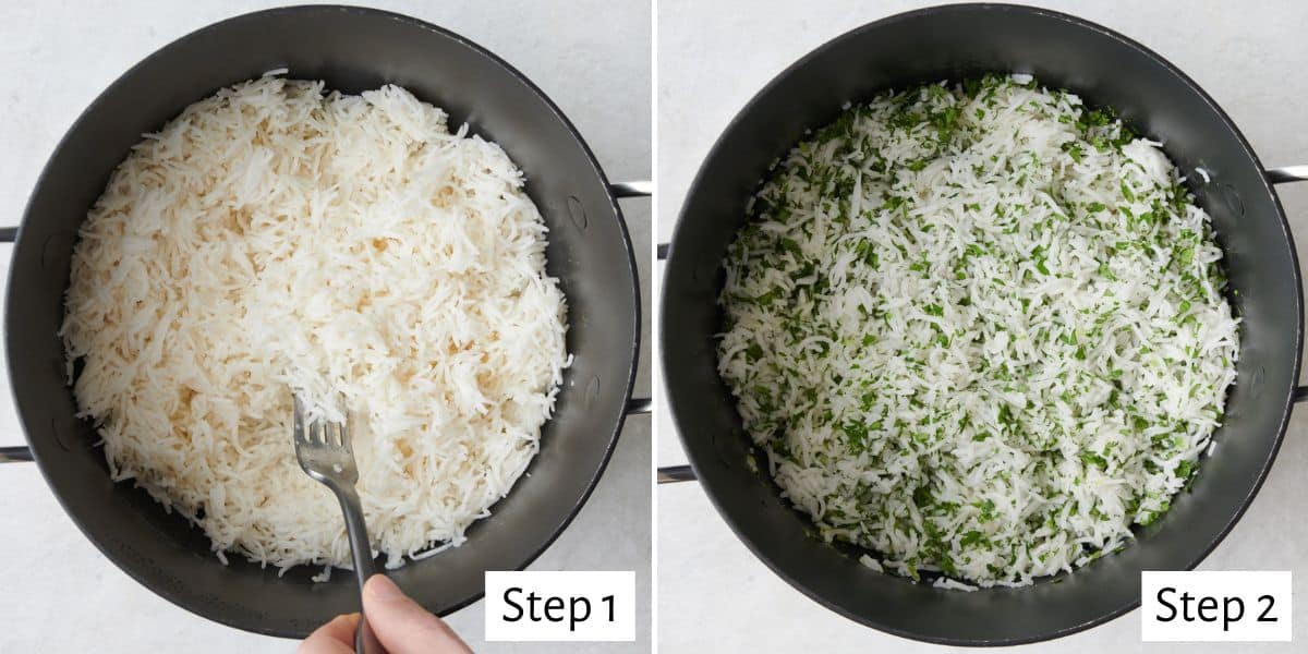 2 image collage: 1- fork fluffing rice in a pot, 2- after mixing in cilantro and lime.