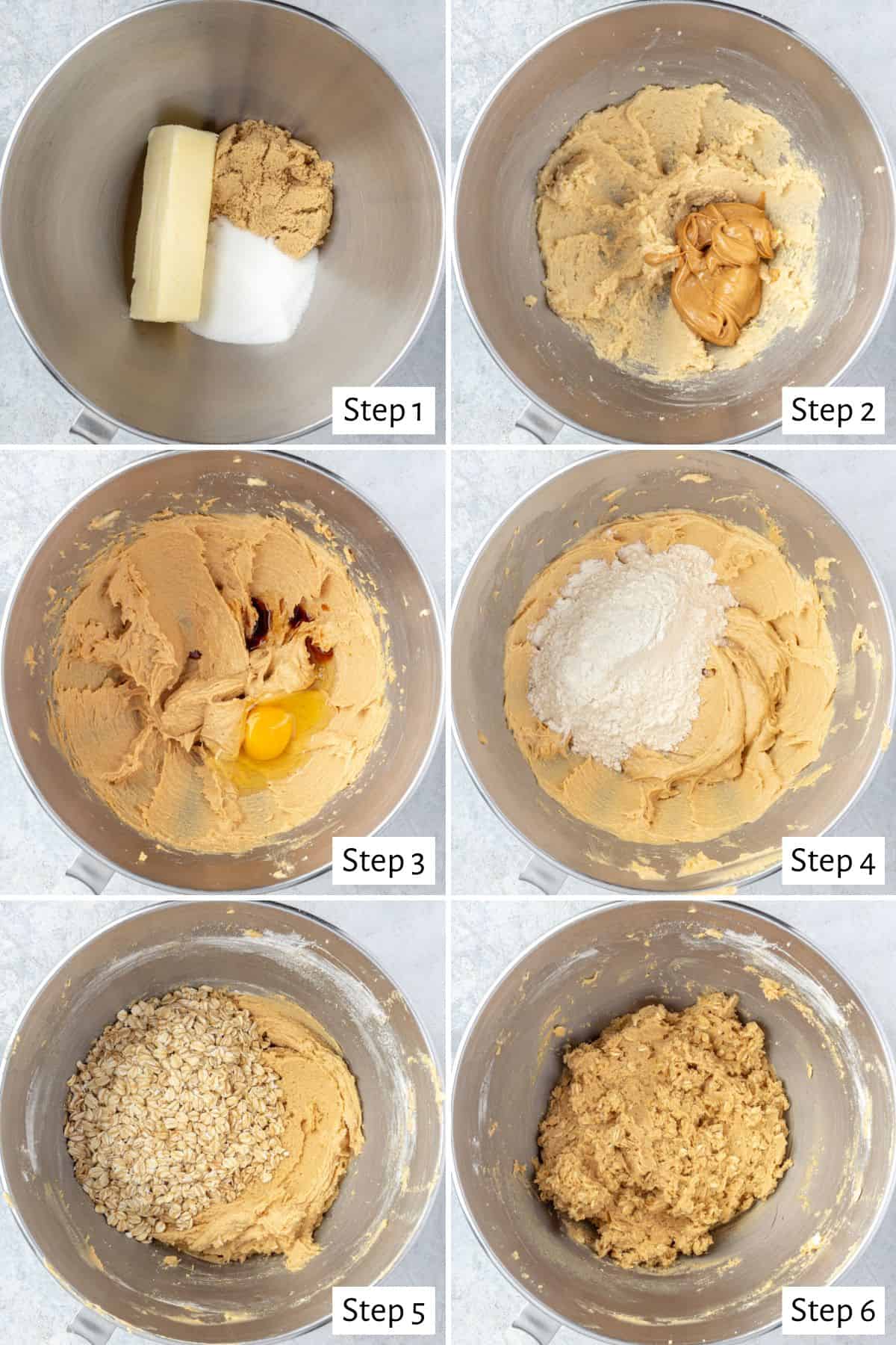 6-image collage: 1 - Butter, granulated sugar, and light brown sugar in the bowl of a stand mixer before creaming together; 2 - After creaming with peanut butter added; 3 - After the peanut butter is incorporated with egg and vanilla added; 4 - After mixing with dry ingredients added; 5 - After mixing with oats added; 6 - After combining