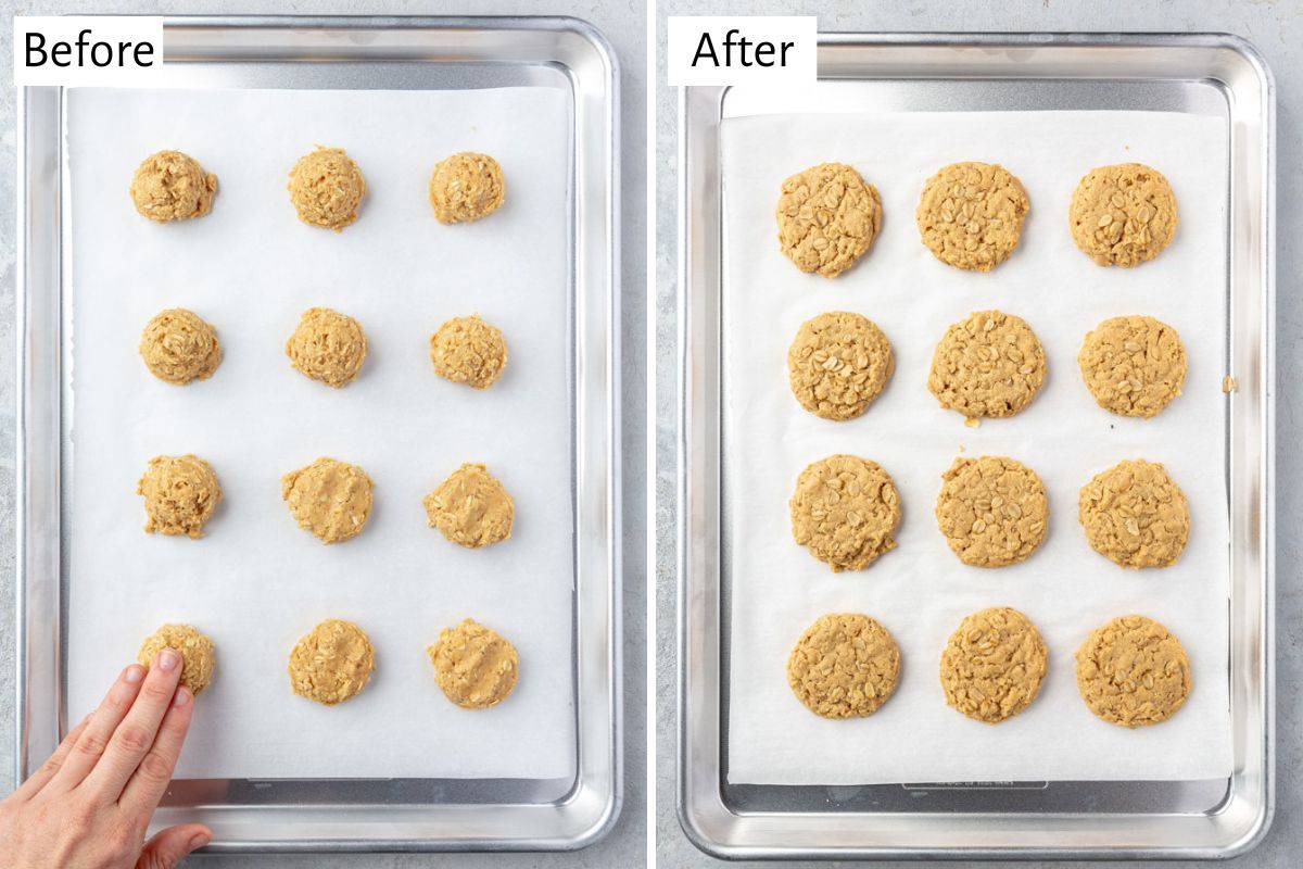 2-image collage: 1 - Hand pressing down a cookie dough ball on a parchment paper lined sheet pan with cookie dough balls; 2 - Cookies after baking on sheet pan