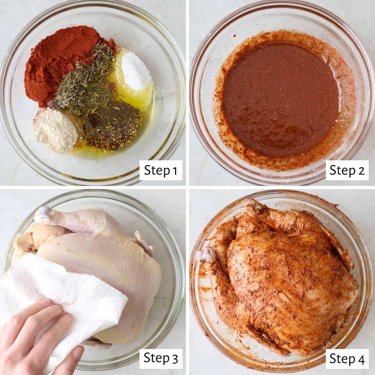 4-image collage seasoning chicken: 1 - Oil and spices in a bowl before combining; 2 - After combining; 3 - Drying chicken with paper towels; 4 - Chicken after being coated with seasoned oil.