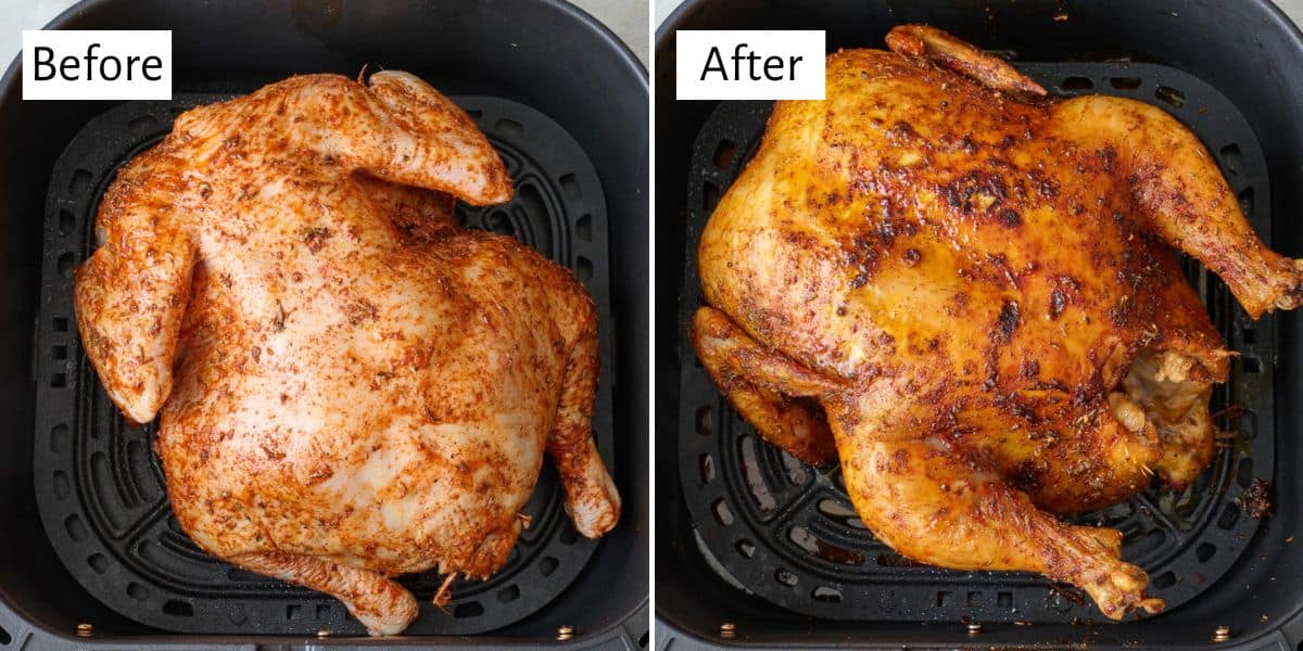 2-image collage of air-frying: 1 - Whole seasoned chicken before cooking; 2 - After cooking.