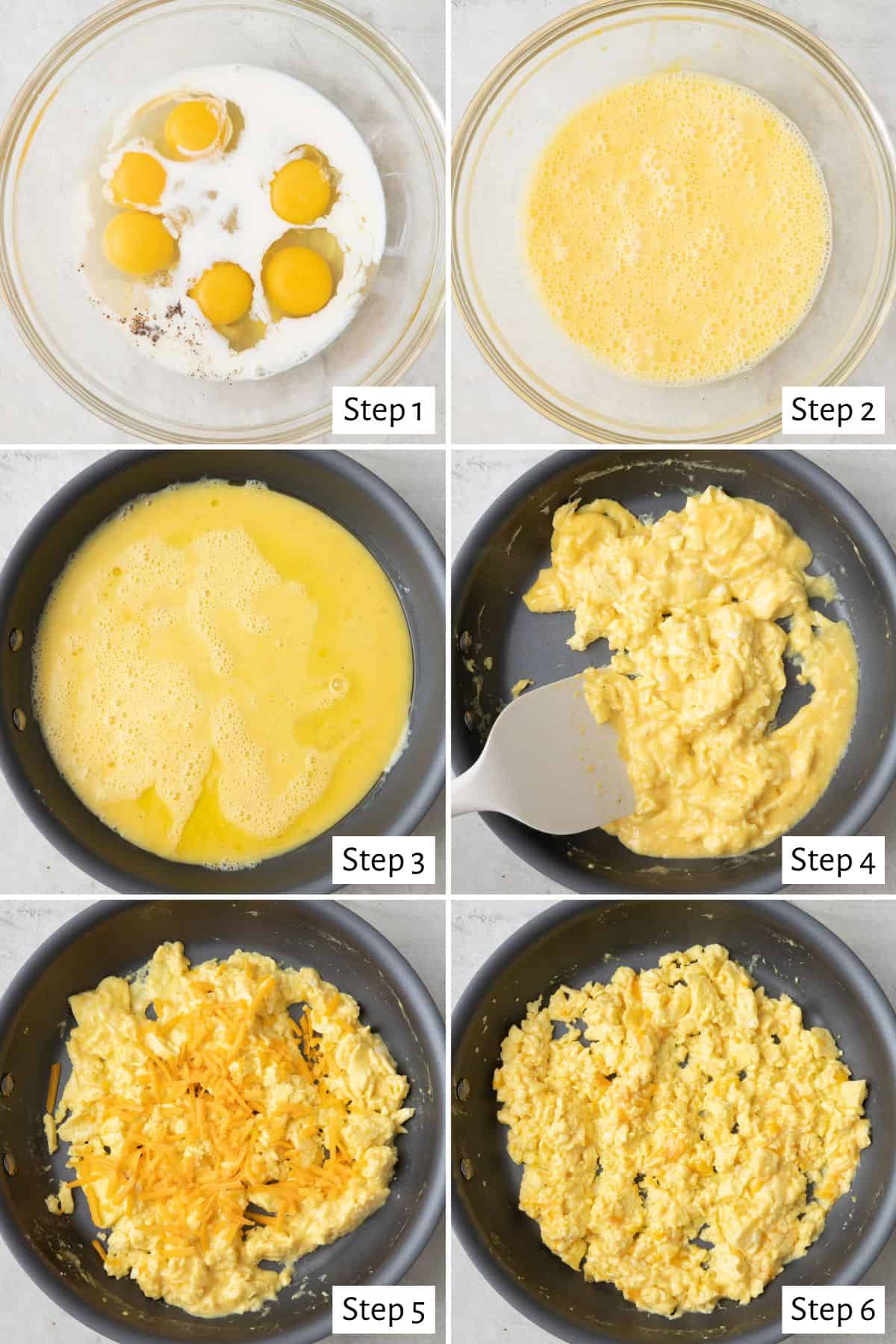 6-image collage making eggs: 1 - Eggs, milk, and seasoning in a bowl before whisking; 2 - After whisking; 3 - Egg mixture added to skillet; 4 - Stirring partially cooked eggs; 5 - Eggs after completely cooked with cheese added; 6 - Eggs after cheese has been mixed in and melted.
