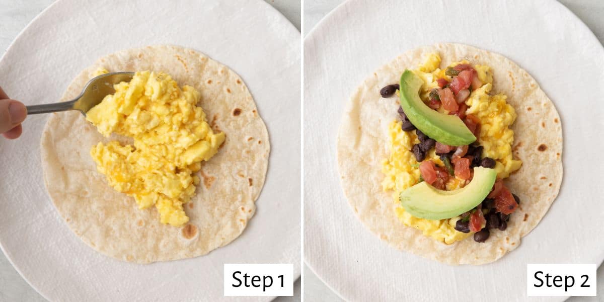 2-image collage preparing tacos: 1 - Adding cheesy eggs to a tortilla; 2 - After topped with salsa, beans, and avocado.
