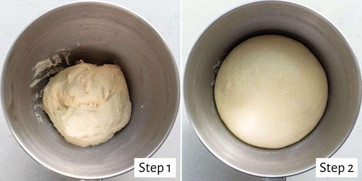 2 image collage making dough before and after rising.