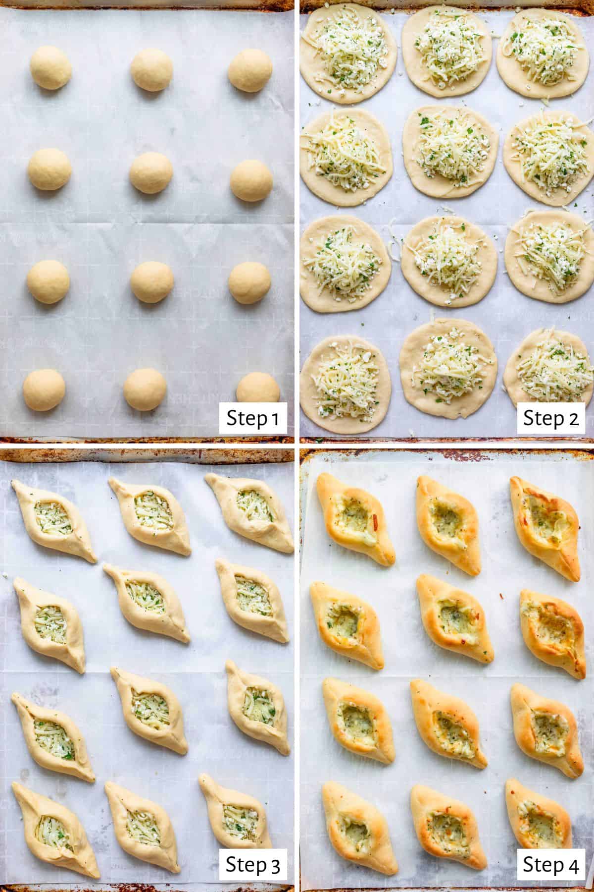 4 image collage making recipe: 1-dough formed into balls, 2- dough balls pressed into round and filled with filling, 3-dough shaped around filling before baking, 4- after baking.