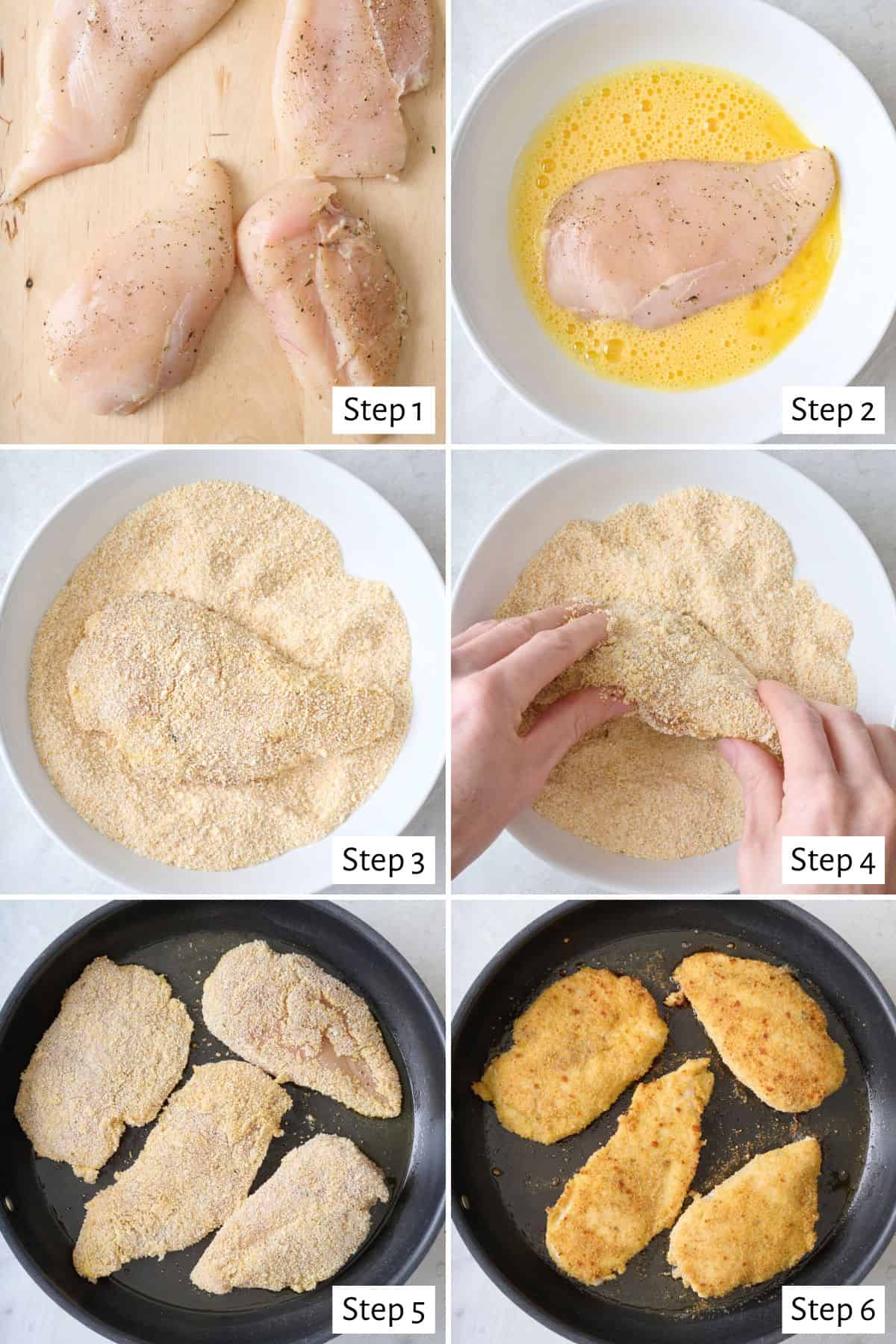 6-image collage preparing the chicken: 1 - Seasoned chicken on a cutting board; 2 - One chicken cutlet dipped in a shallow bowl with egg; 3 - Egg-coated cutlet on top of breadcrumb mixture; 4 - Pressing the chicken into the breadcrumb mixture to fully coat; 5 - Chicken in an oiled skillet before cooking; 6 - After flipping to show golden brown crust.