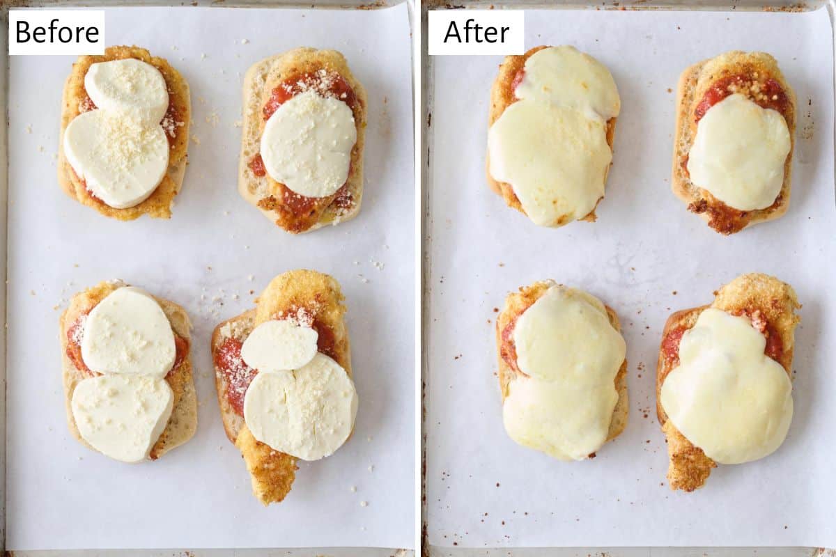 2-image collage of broiling cheese: 1 - Cooked chicken on an open rolls with marinara and cheese before broiling; 2 - After broiling with melty, bubbly cheese.