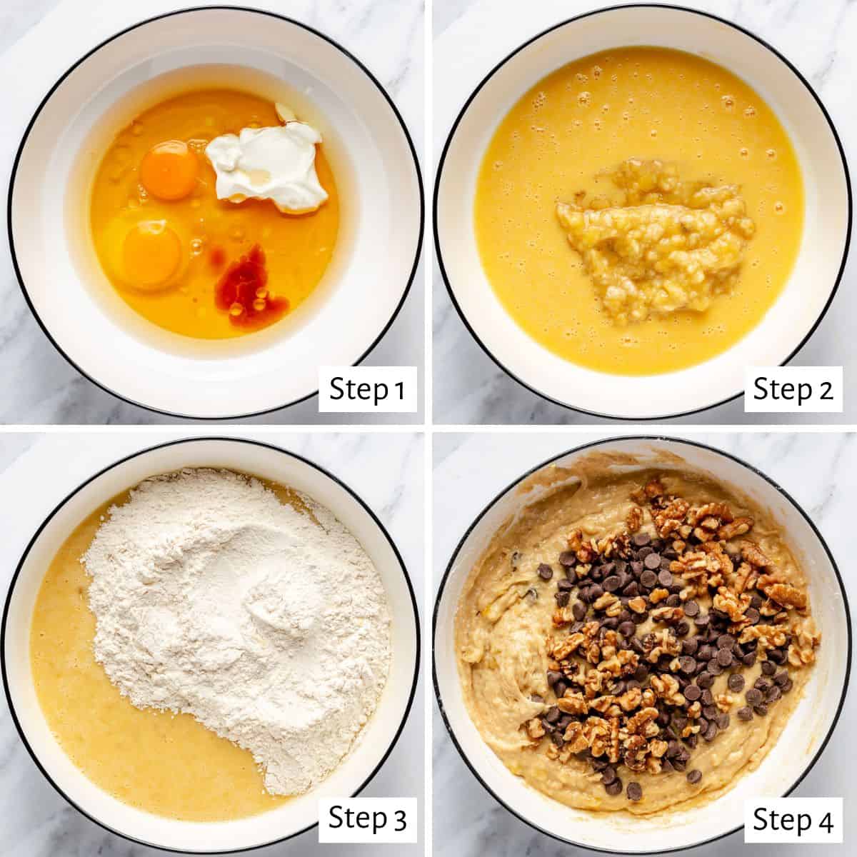 4 image collage making recipe in a bowl: 1-eggs, yogurt, and vanilla in a bowl, 2- after whisking together with mashed banana added, 3- after combining banana and egg mixture with dry ingredients added on top, 4- batter mixed with chocolate chips and walnuts added.
