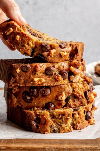 Stack of chocolate chip banana bread slices.