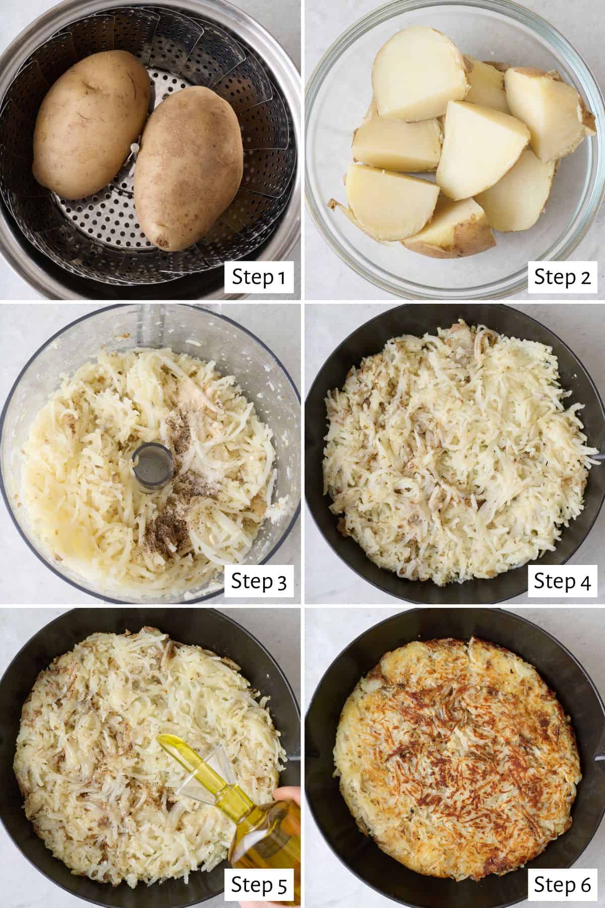 6-image collage cooking hash browns: 1 - Potatoes in a steamer basket over a pot of water; 2 - Potatoes cut into quarters after steaming; 3 - Quartered potatoes after processing through the shredding attachment in the bowl of processor with salt, pepper, and onion powder sprinkled on top; 4 - Shredded potatoes in a single layer on oiled pan; 5 - Drizzling extra oil on top after bottom begins to brown; 6 - Browned, crispy potatoes after being flipped.