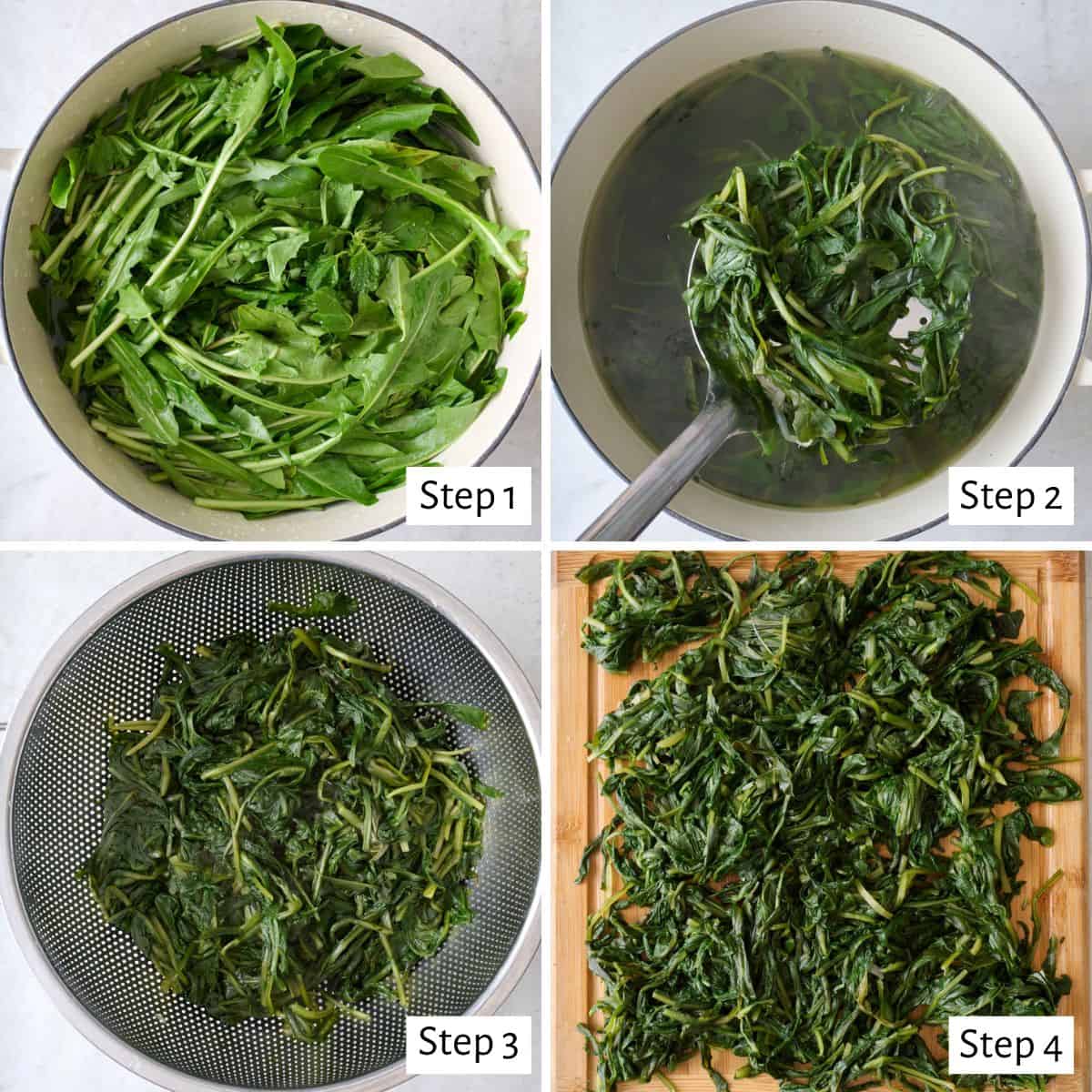 4 image collage making recipe: 1- fresh trimmed dandelion greens in a large pot, 2- after cooking with a ladle lifting some out of the hot water, 3- greens in a strainer, 4- on a cutting board after being chopped.