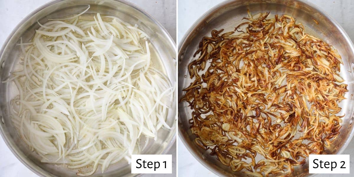 2 image collage of sliced onions in a skillet before and after cooked.