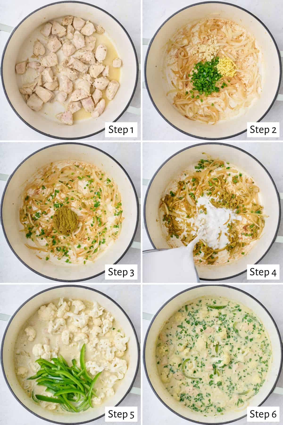 6 image collage making recipe in pot: 1-chicken pieces in pot after partially cooking, 2- chicken removed with onions added after cooking and ginger, garlic, and jalapeno added on top, 3- after cooking veggies with curry paste added, coconut milk being poured in, 5- cauliflower, green pepper, and chicken added, 6- final curry after simmering.